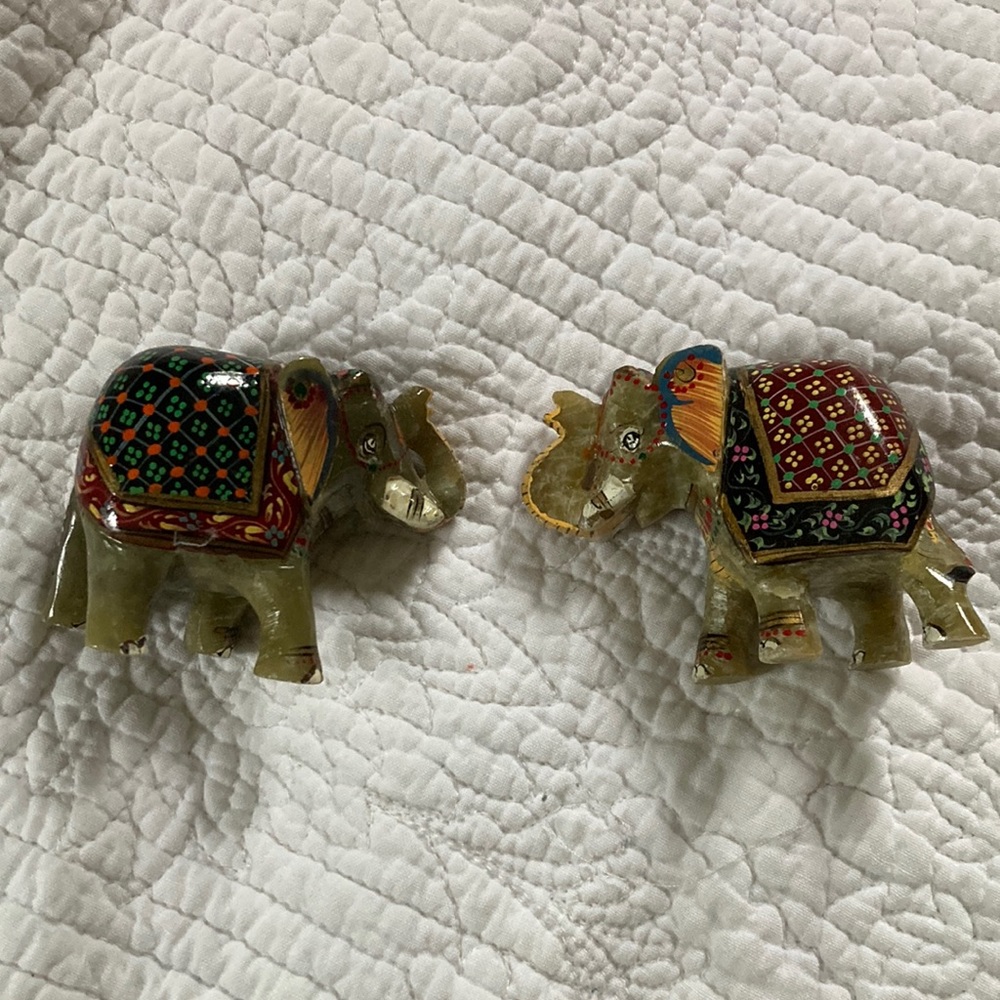 Set of 2 hand carved and painted stone elephant statues from India